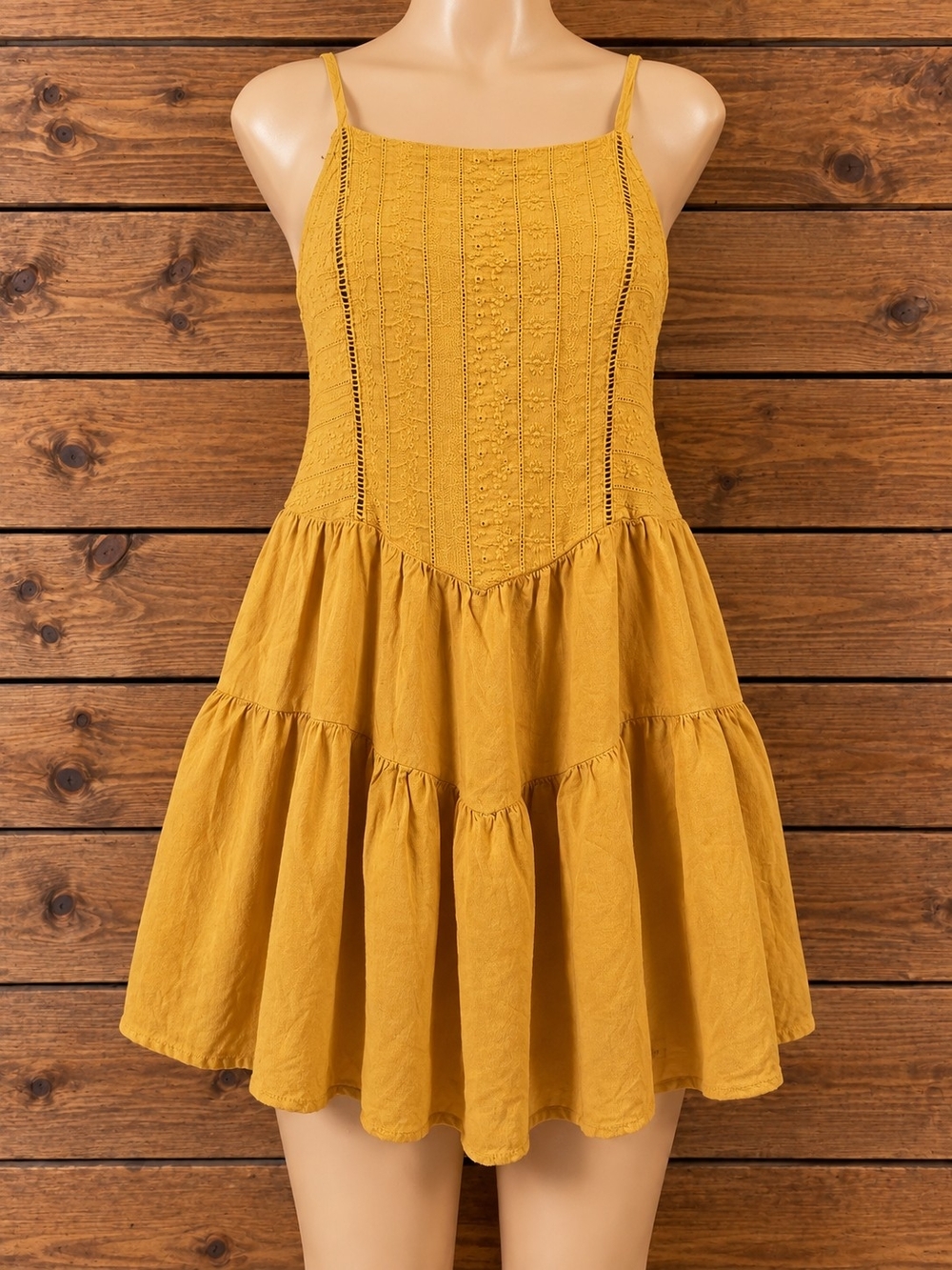 wild fable Mustard Yellow Crochet-Trim Tiered Mini Dress
